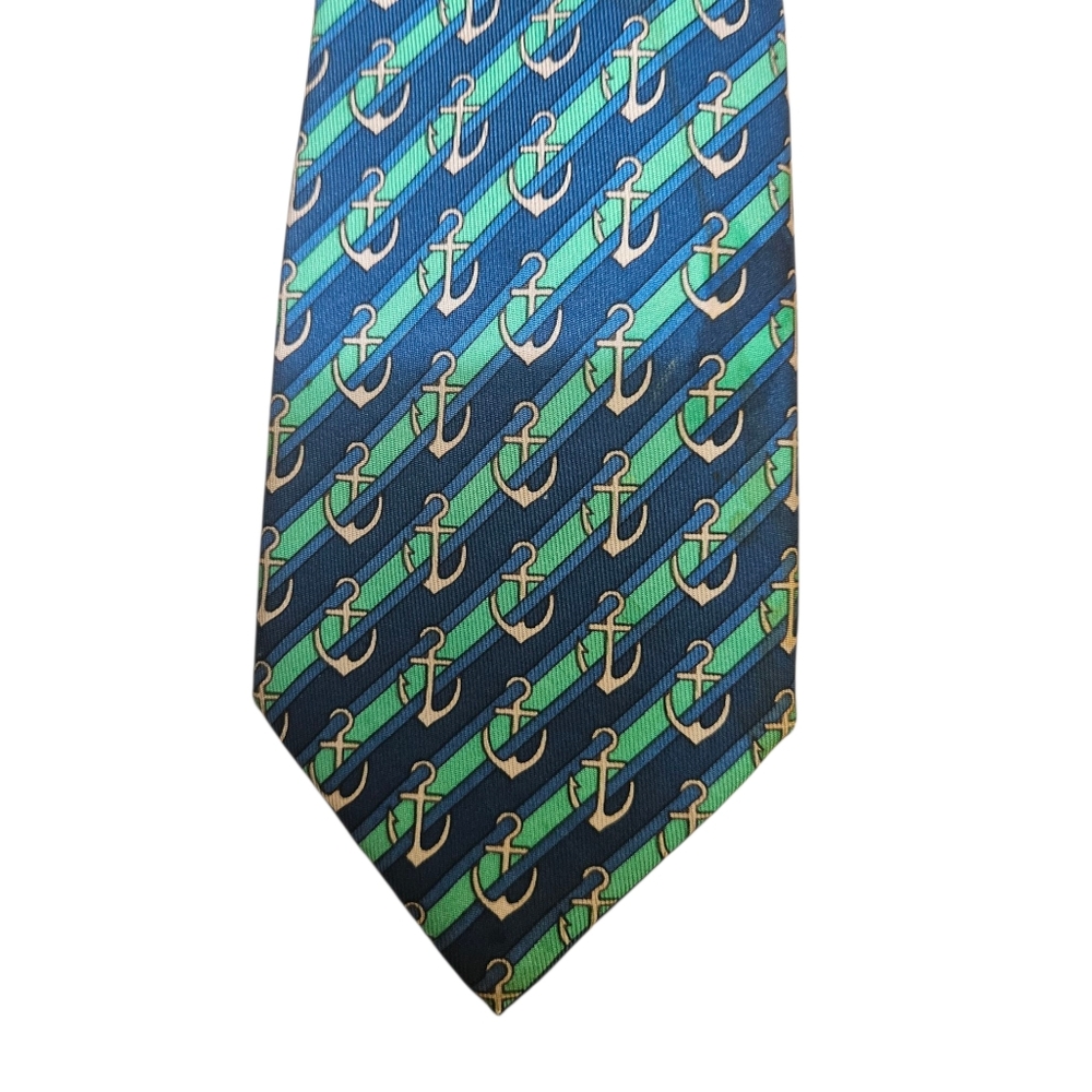 Hermes Anchor Patterned Green And Blue Silk Tie